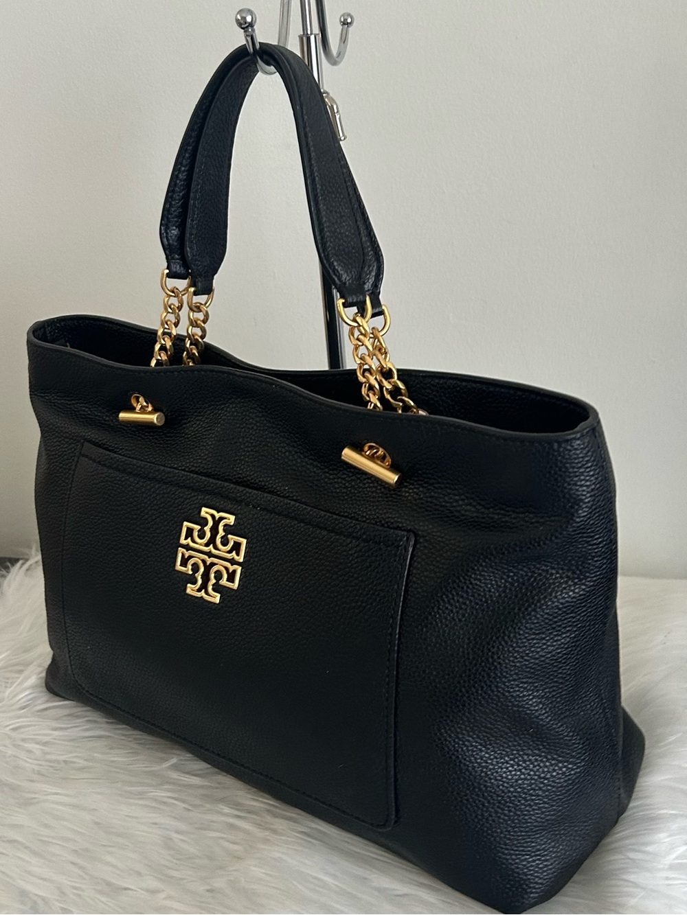 Tory Burch Black Pebbled Leather Chain Tote Shoulder Bag Large everyday purse - Picture 6 of 11